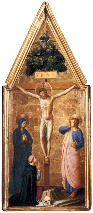 crucified christ with the virgin saint john the evangelist and cardinal juan de torquemada